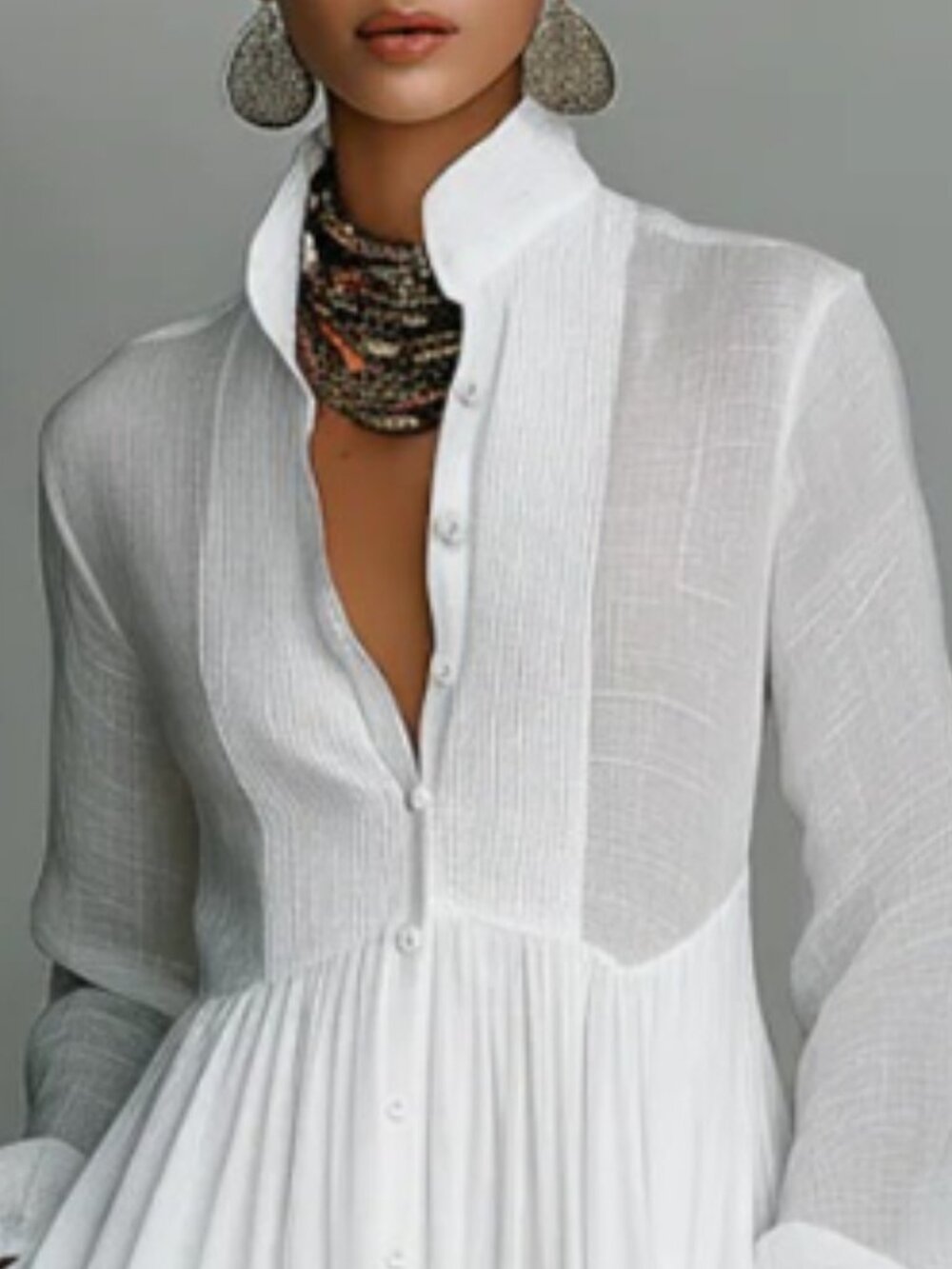 Women's White Maxi Dress Long Lantern Sleeve Pleated A-Line French Cottagecore - Picture 3 of 4